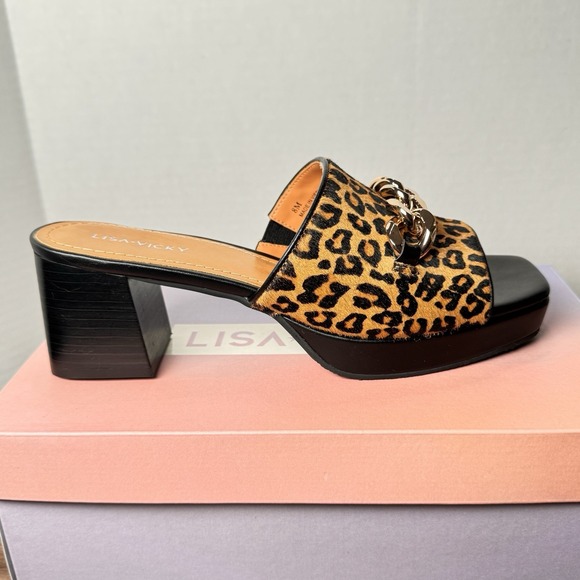 Lisa Vicky Magnetic3V Cognac Leopard Slip On Heel Sandal Gold Chain 7M New - Picture 3 of 8
